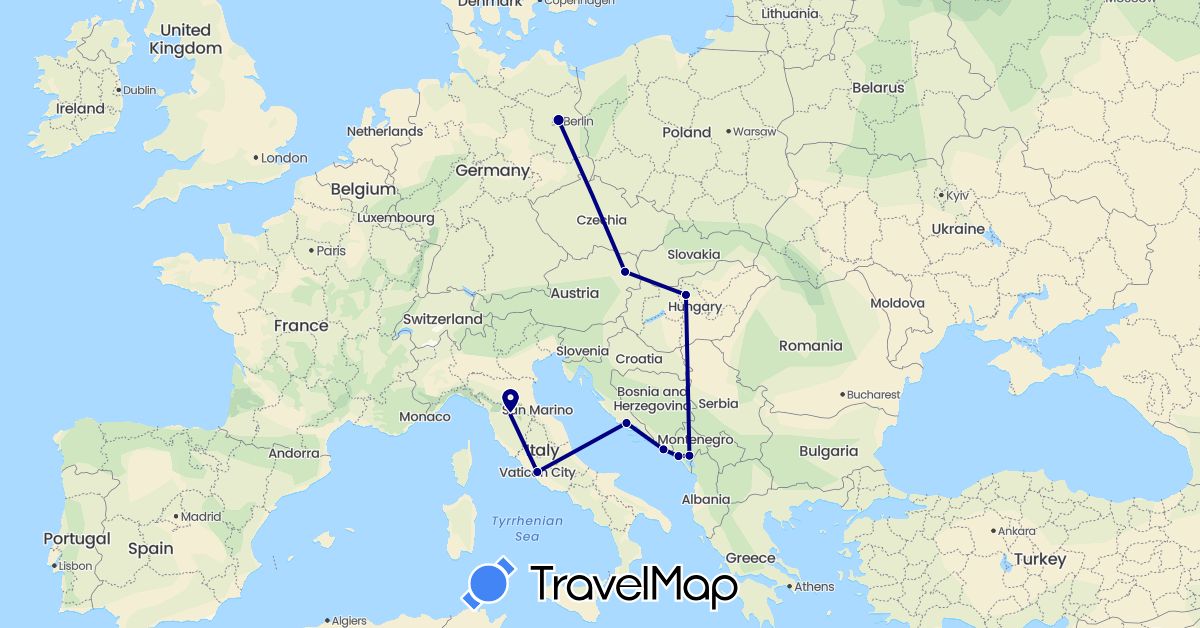 TravelMap itinerary: driving in United Kingdom, Croatia, Hungary, Italy, Montenegro, Serbia, Vatican City (Europe)